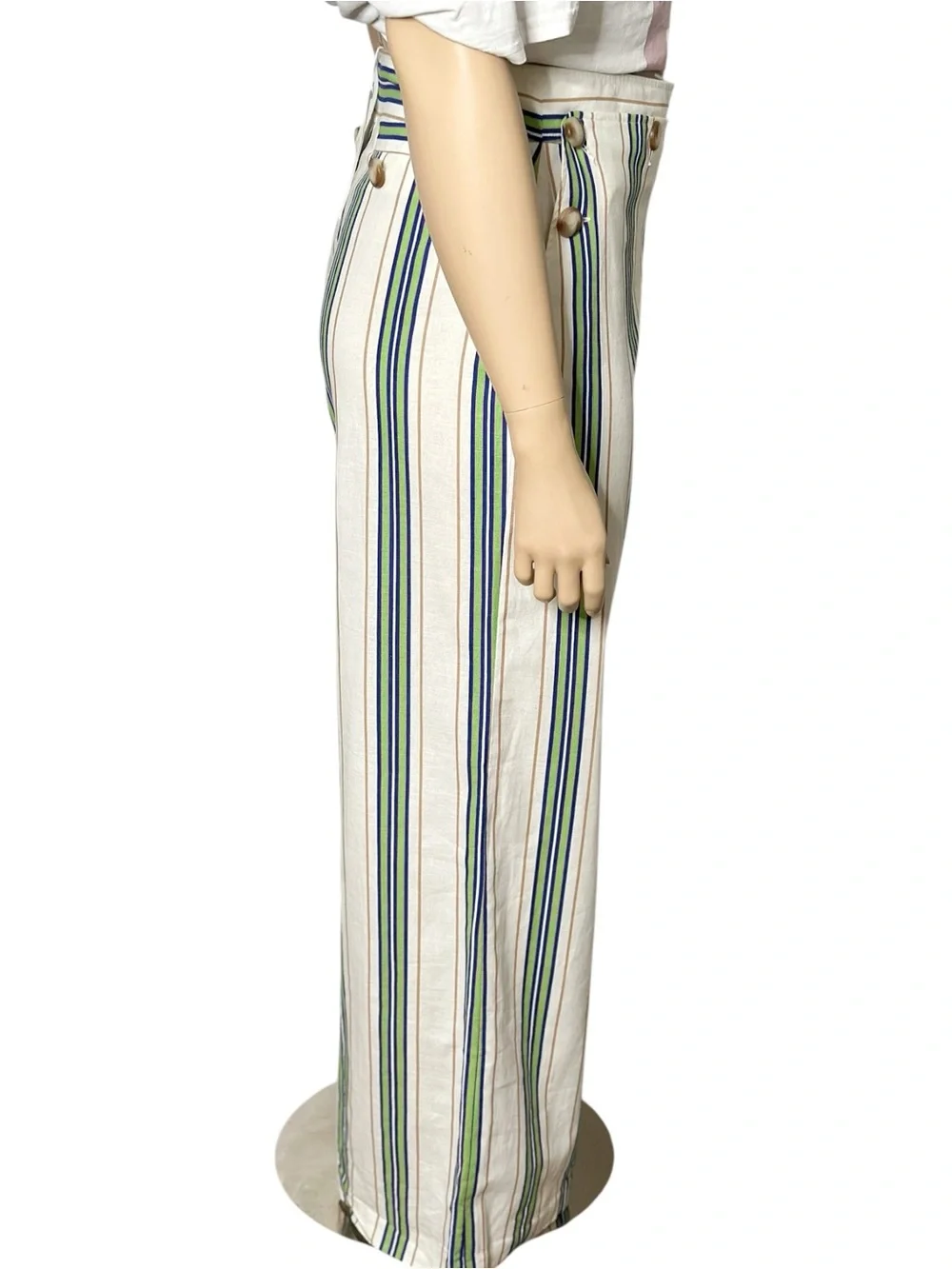 SÉZANE Clayton Linen Cotton Pants, Beige Blue Green Stripes, FR44/US12
